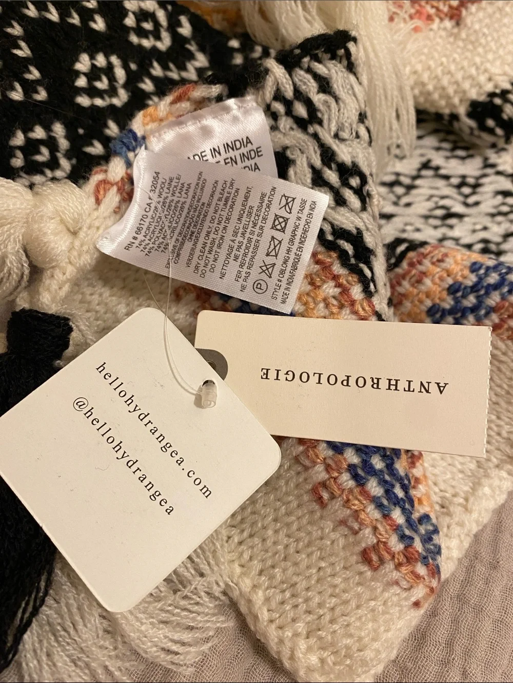 Anthropologie HelloHydrangea Navy, Cream & Peach Knit Tassel Scarf . New
